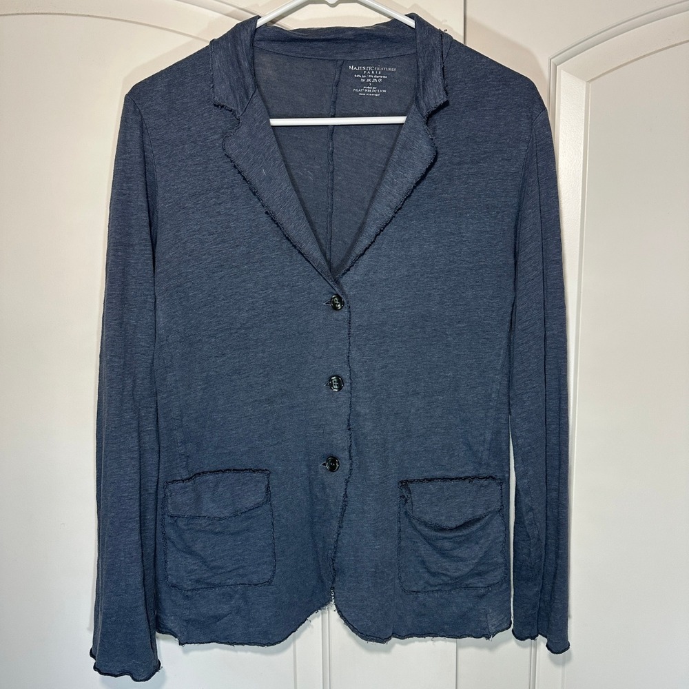 Majestic Filatures Blazer Womens 3 / M Blue Linen Blend Raw Edge 3-Button Jacket